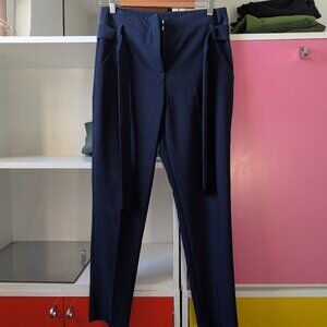 Navy belted paperbag/high-waist dress pant